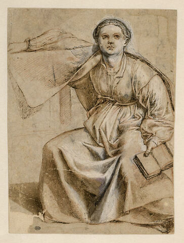 La Muse Clio, de face, assise, tenant dans sa main gauche un livre ouvert, image 1/2