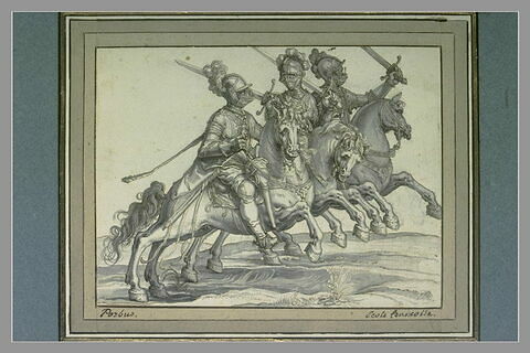 Trois cavaliers en armure, galopant côte à côte, vers la droite