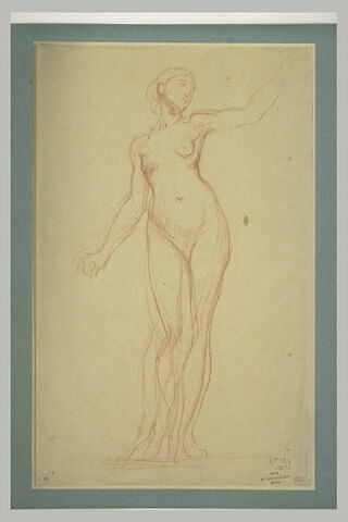 Femme, debout, le bras gauche levé, image 1/1