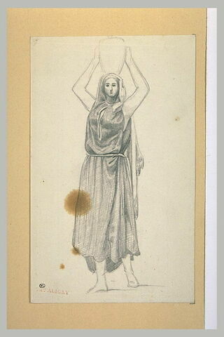 Jeune femme d'Italie du sud, debout, de face, portant une jarre sur la tête, image 1/1