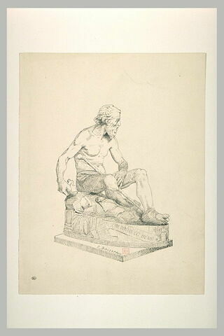 Statue de vieillard assis à terre et tenant une tasse brisée : Diogène