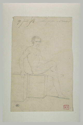 Homme nu, assis sur un tabouret, les jambes croisées, image 1/1