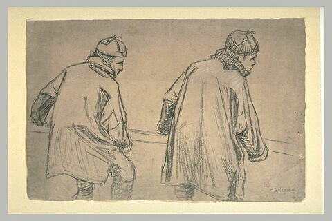 Etude de deux hommes en blouses, de dos, transportant une poutre, image 1/1