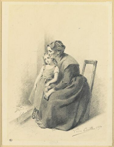 Vieille femme assise tenant une petite fille