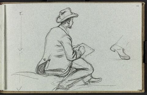 Peintre assis en train de dessiner ; croquis d'un pied, image 1/1