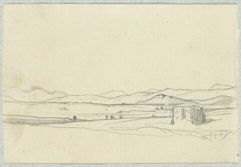 Paysage de plaine avec une maison à droite, et fond de collines, image 1/1