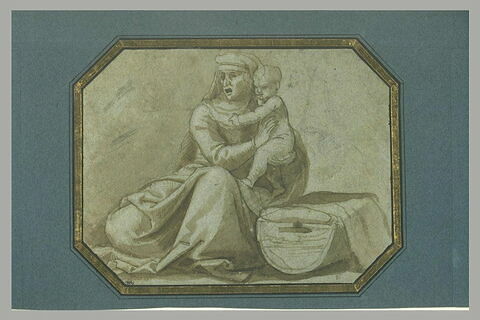 Vieille femme, assise à terre, tenant un enfant au-dessus de son berceau