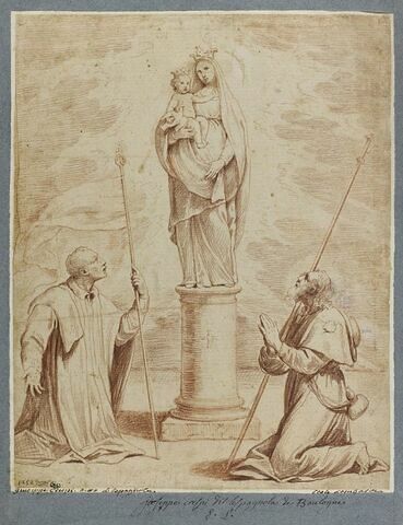 Deux pélerins devant la Vierge miraculeuse de Saint Luc, près de Bologne