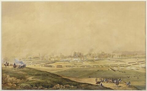 Vue perspective de la ville de Ratisbonne prise d'assaut, 23 avril 1809, image 1/2