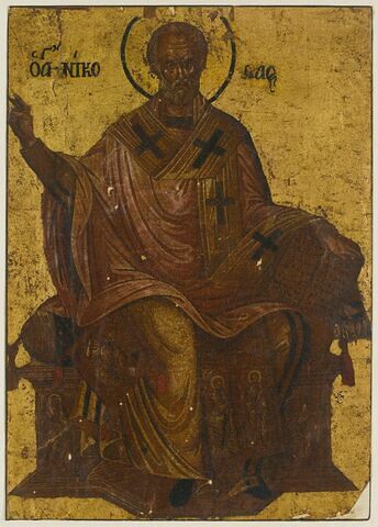 Saint Nicolas en trône, la main droite levée, la gauche tenant un livre ouvert, image 1/2