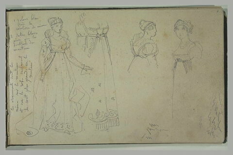Etudes de costumes féminins premier empire, notes manuscrites, numérotation, image 1/1