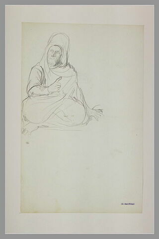 Arabe, coiffé d'un turban, assis, faisant un geste de la main droite, image 1/1