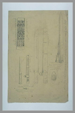 Armes blanches, fourreau, détails décoratifs de manches et notes manuscrites, image 1/1