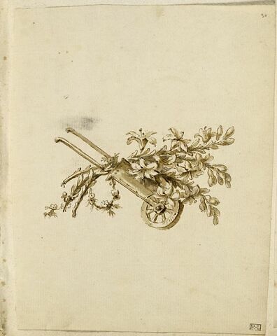 Brouette, branches de lys et couronne de fleurs, image 1/1