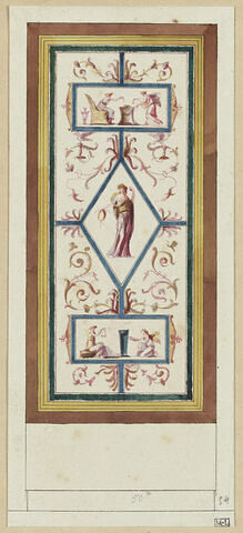 Projet de décor de boiserie : panneau vertical avec une figure féminine dans un losange, entre deux bandeaux ornés d'une scène antique
