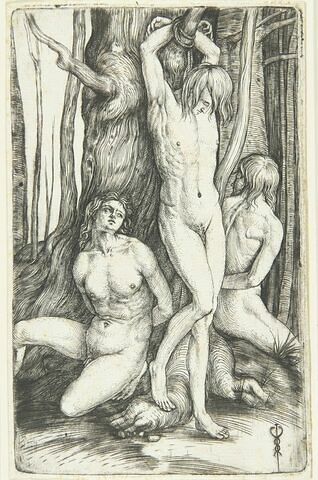 Trois hommes nus attachés à un arbre