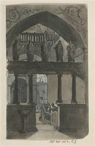 Intérieur d'église avec jubé surmonté de statues et deux personnages en prière, image 1/2