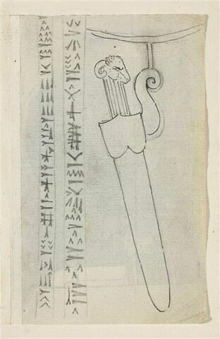 Poignard à tête de bélier, dans son fourreau, accroché à une ceinture et écriture cunéiforme
