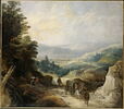 Paysage montagneux avec deux coches et un cavalier, image 1/2