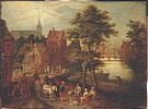 Village de Flandre traversé par une rivière avec charrettes sur la route, image 5/6