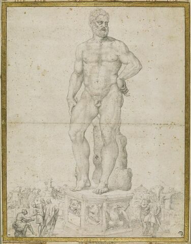 Statue d'Hercule sur un piédestal, personnages la dessinant et  contemplant