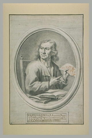 Portrait de Filippo Baldinucci assis, avec une plume et un dessin en main