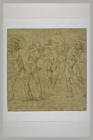 Quatre guerriers nus luttant, armés d'épée et de bouclier, image 2/2