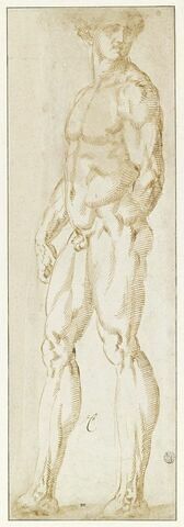 Homme nu debout, de profil, le bras gauche derrière le dos, image 1/2