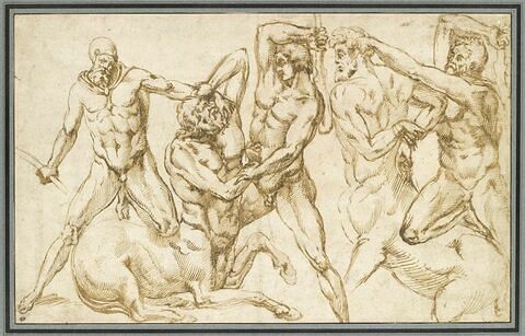 Trois hommes nus luttant avec deux centaures