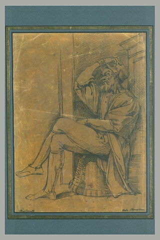 Homme en costume du XVIè siècle, assis sur un panier renversé, image 2/2