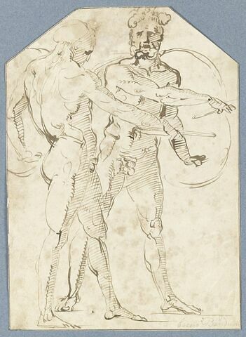 Deux hommes nus, debout, tenant un bâton et un bouclier, image 1/2
