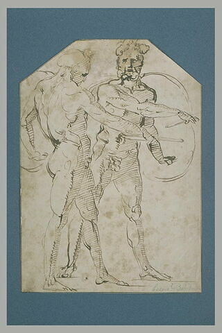 Deux hommes nus, debout, tenant un bâton et un bouclier, image 2/2