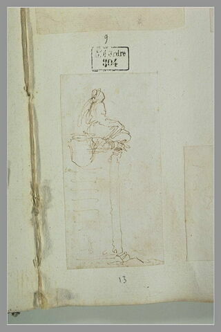 Figure assise, de trois-quarts, en haut d'un piedestal orné d'un cartouche, image 1/1