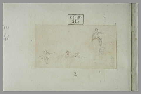 Deux cavaliers de dos ; croquis de tête ; deux hommes à terre, image 1/1