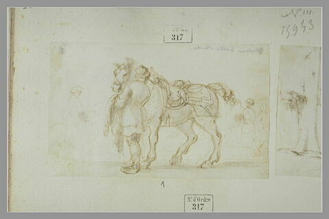 Valet polonais, vu de dos, tenant son cheval par la bride, et autres figures