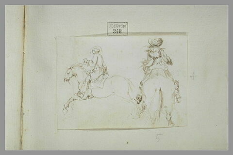 Deux cavaliers : l'un de dos, l'autre de profil sur un cheval au galop, image 1/1