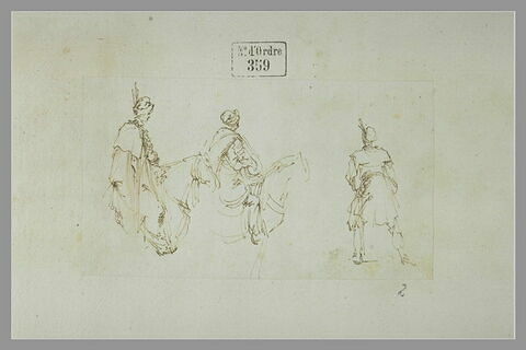 Deux cavaliers, de profil ; un homme à pied, de dos, image 1/1