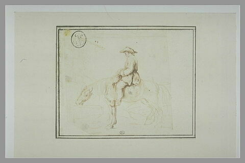 Cavalier faisant boire son cheval dans le bassin d'une fontaine, image 1/1