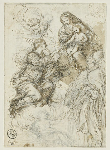 Mariage mystique de sainte Catherine, sur des nuages, en présence d'un évêque et des anges