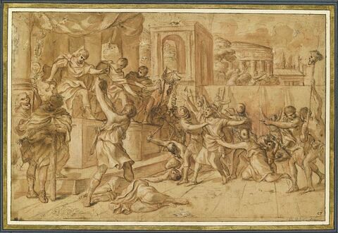 Un massacre en présence de trois tribuns romains placés sur une estrade, image 1/2