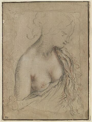 Buste de jeune femme, demi nue, de profil vers la droite, le sein droit dénudé