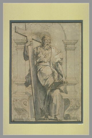 Un apôtre tenant une croix et un livre ouvert, dans une niche