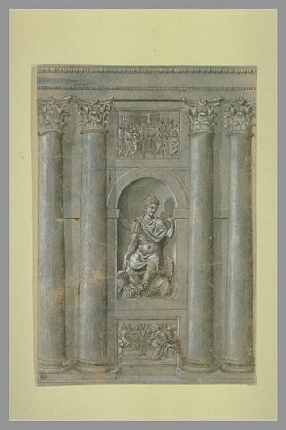 Statue d'homme dans une niche et deux bas-reliefs encadrés de colonnes, image 1/1