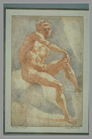 Homme nu assis, tourné vers la droite ; croquis de la même figure, image 1/1
