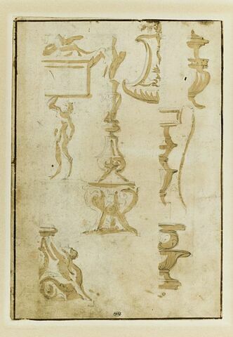 Vases, portions de vases et candélabres, satyre soutenant une cartouche