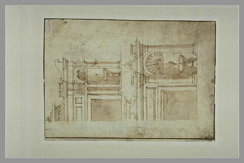 Deux études d'un édifice avec baie et fontaine dans une niche à coquille, image 2/2