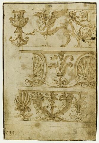 Trois motifs de frise avec vases, griffons, palmettes, cornes d'abondance, image 1/2