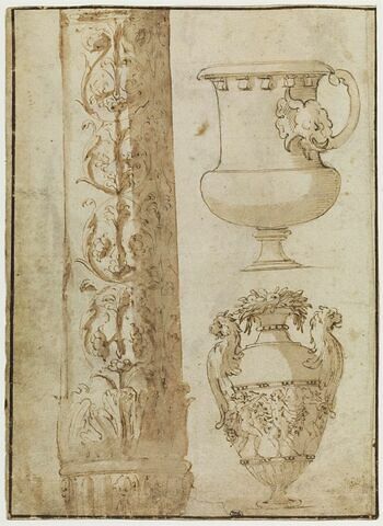 Deux urnes dont une couronnée de fruits, et fût de colonne orné, image 1/2