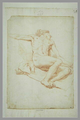 Homme nu, allongé sur le dos, de trois quarts à droite, les bras étendus, image 1/1