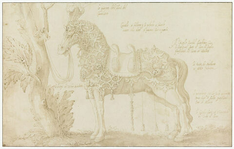 Cheval richement harnaché, attaché à un arbre, de profil vers la gauche, image 1/2